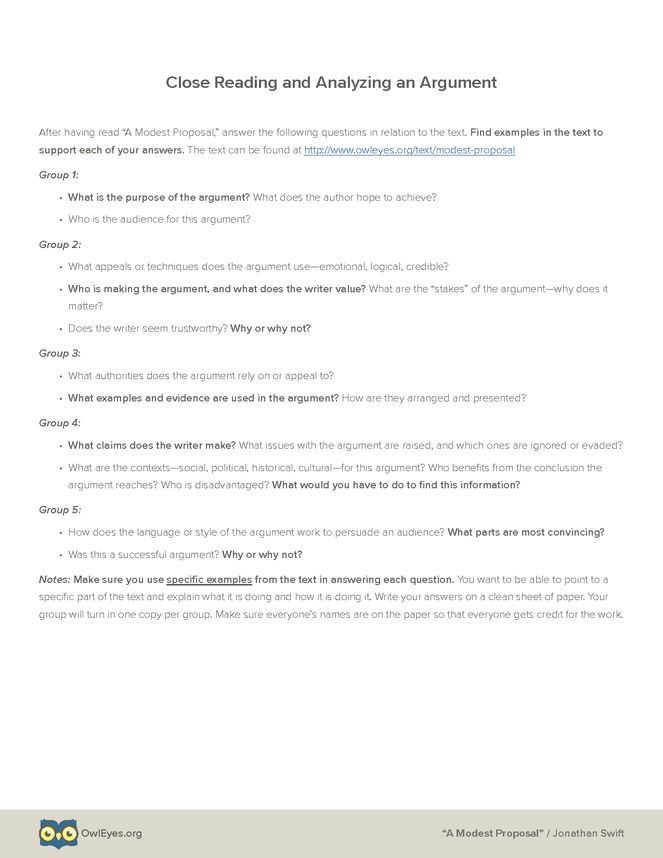 A Modest Proposal Argument Analysis Activity - Owl Eyes