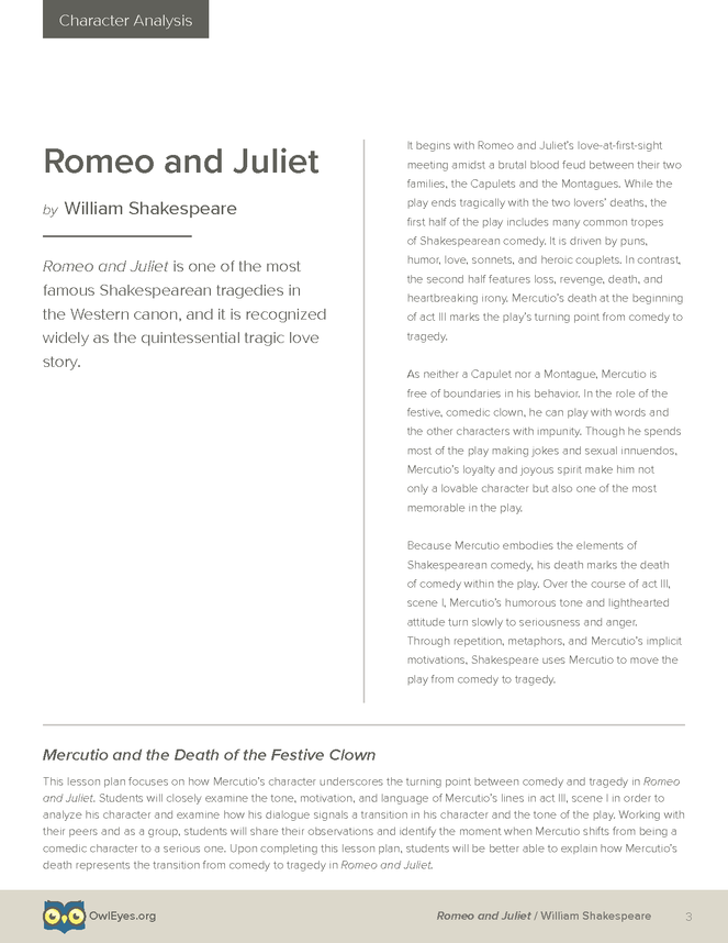 Romeo And Juliet Student Worksheet 3 Character Chart Answers