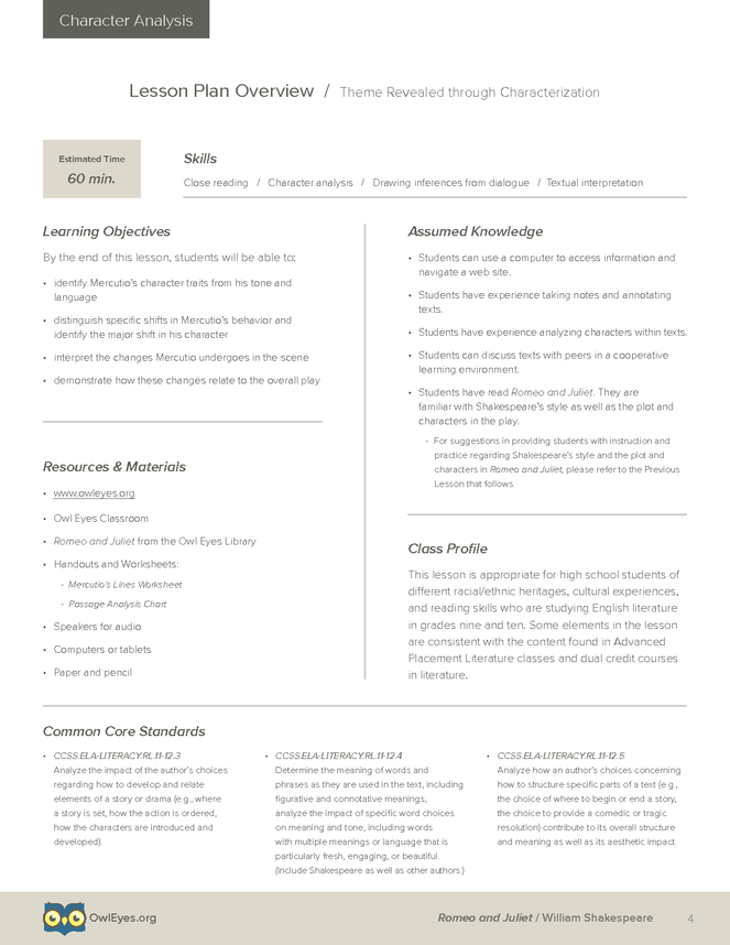 Romeo And Juliet Character Analysis Lesson Plan Owl Eyes